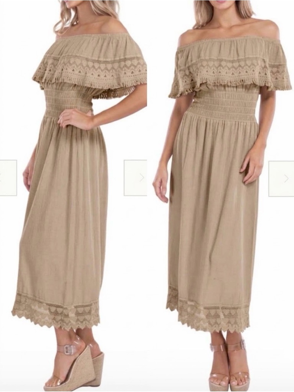 SEA SPICE Constance Peruvian Cotton Off Shoulder Boho Dress Smocked Heart Lace